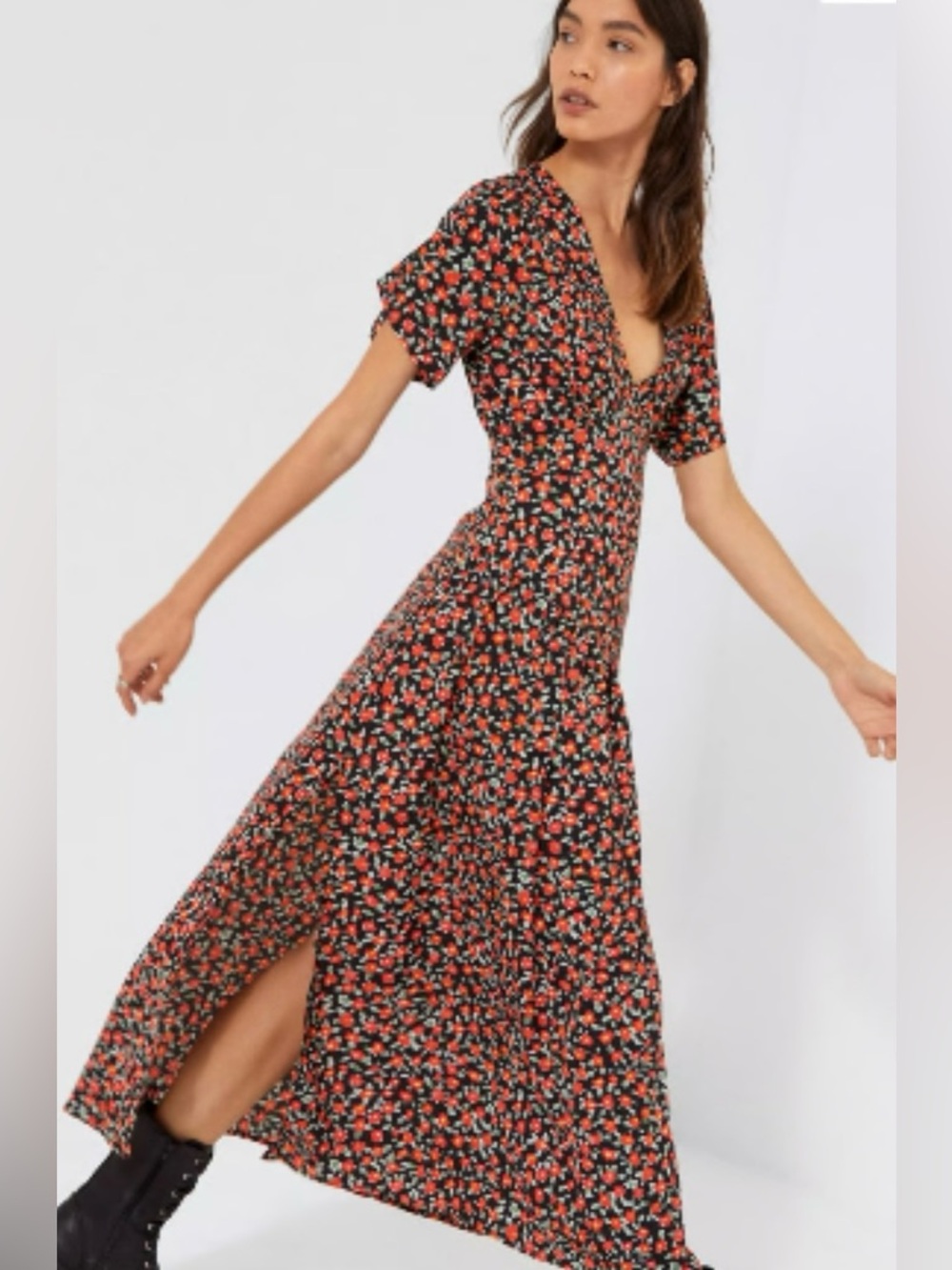 Nasty Gal Black Maxi Dress with Red Floral Print
